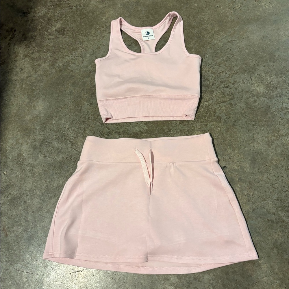 Pink Athletic Crop Top and Skirt Set